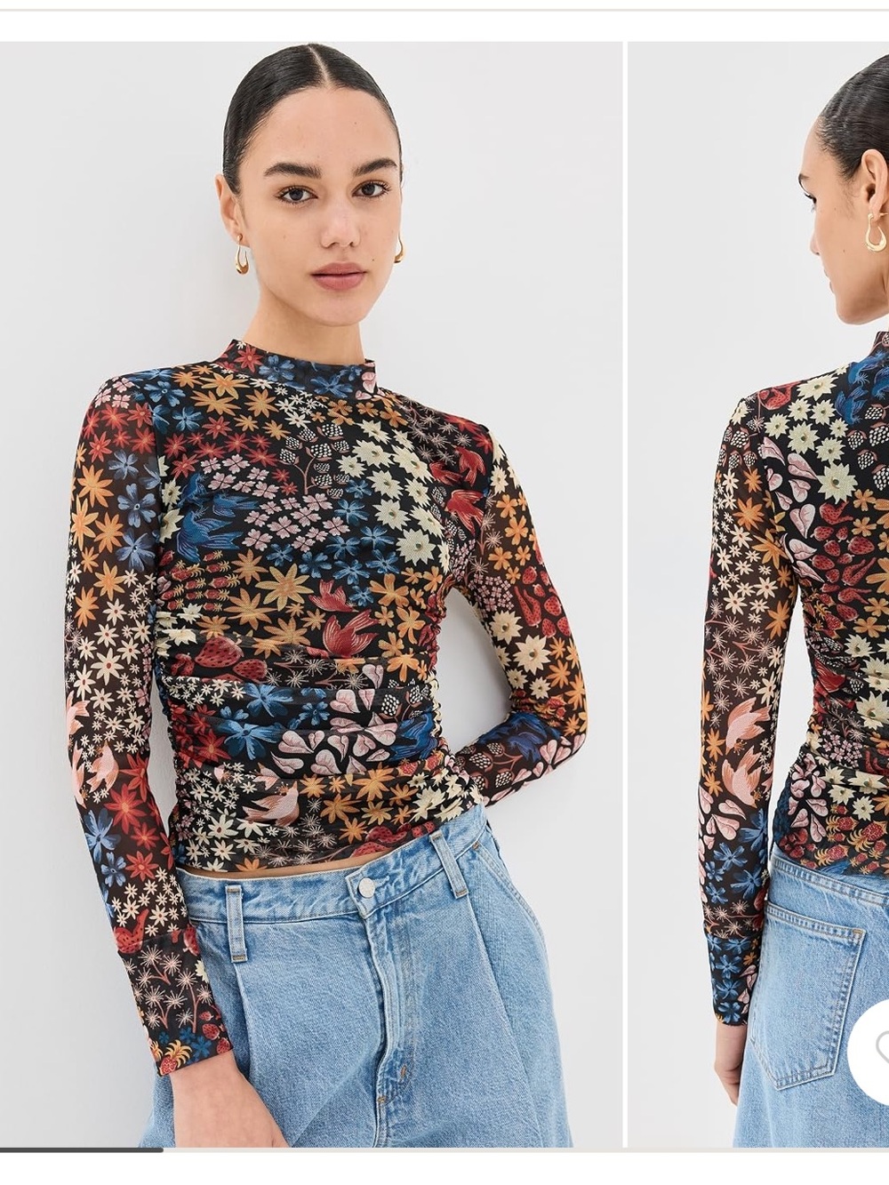 FARM Rio Black Floral Mesh Long-Sleeve Mock Neck Top